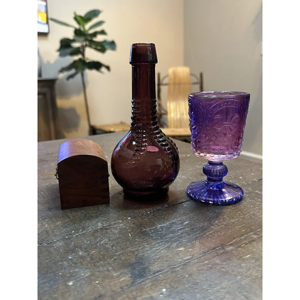 Witchy Decor Bundle – Ball & Claw Bitters Bottle, Purple Goblet & Treasure Chest